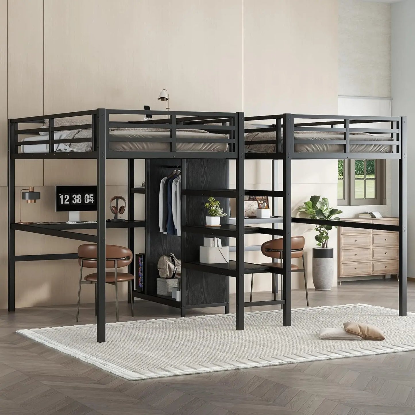 Double Loft Bed With Desk, Storage, Charging Station, Metal Frame