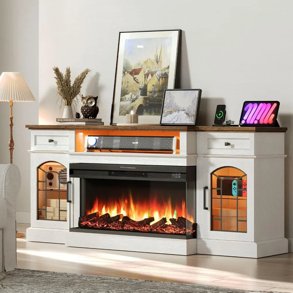 Farmhouse Fireplace TV Stand With Charging Station And Glass Panels