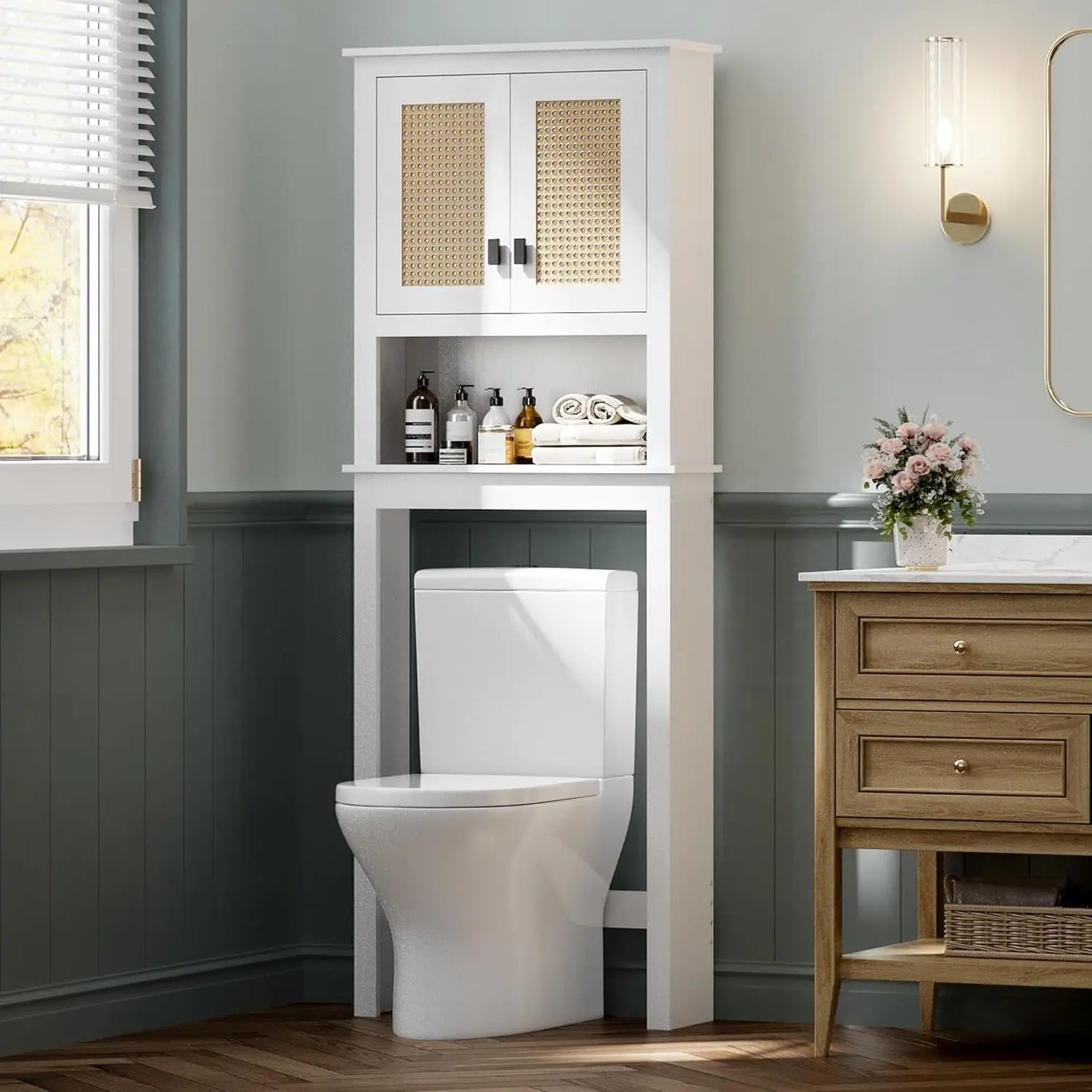 Over Toilet Storage Cabinet Natural Rattan Doors Adjustable Shelf