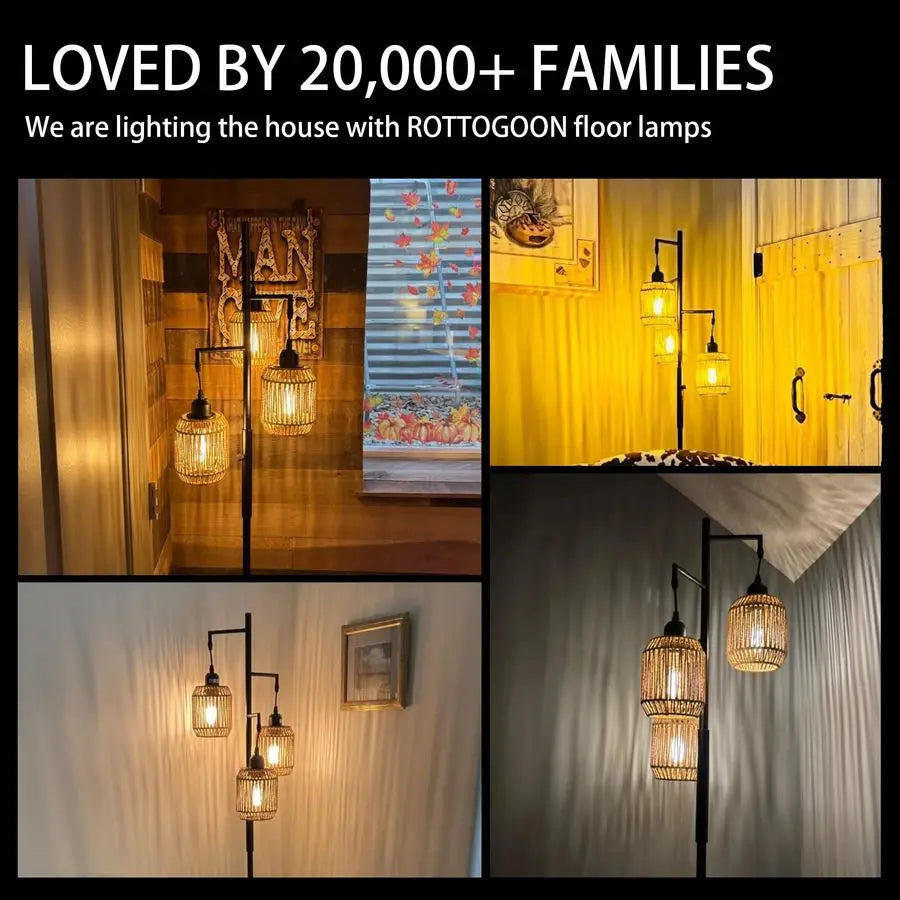 Dimmable Boho Floor Lamp Three Light Farmhouse Rattan