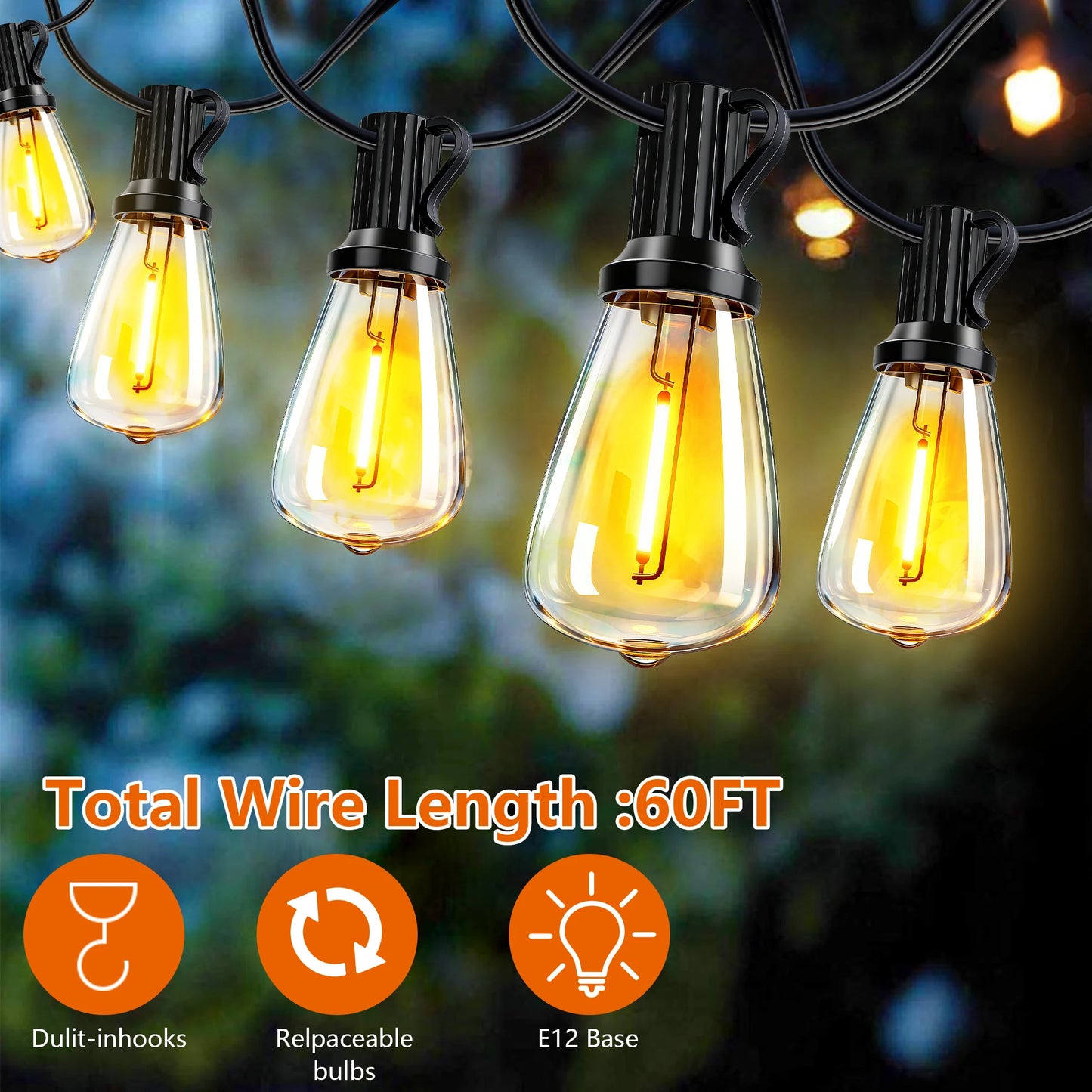 ARLGSITE Solar Outdoor String Lights IP65 Waterproof Replaceable Bulbs