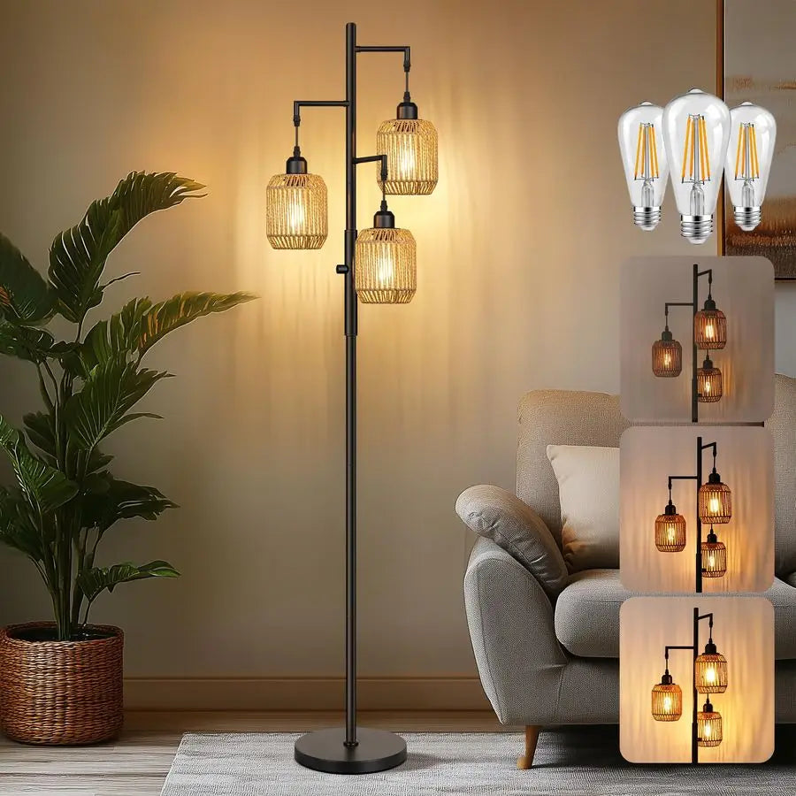 Dimmable Boho Floor Lamp Three Light Farmhouse Rattan