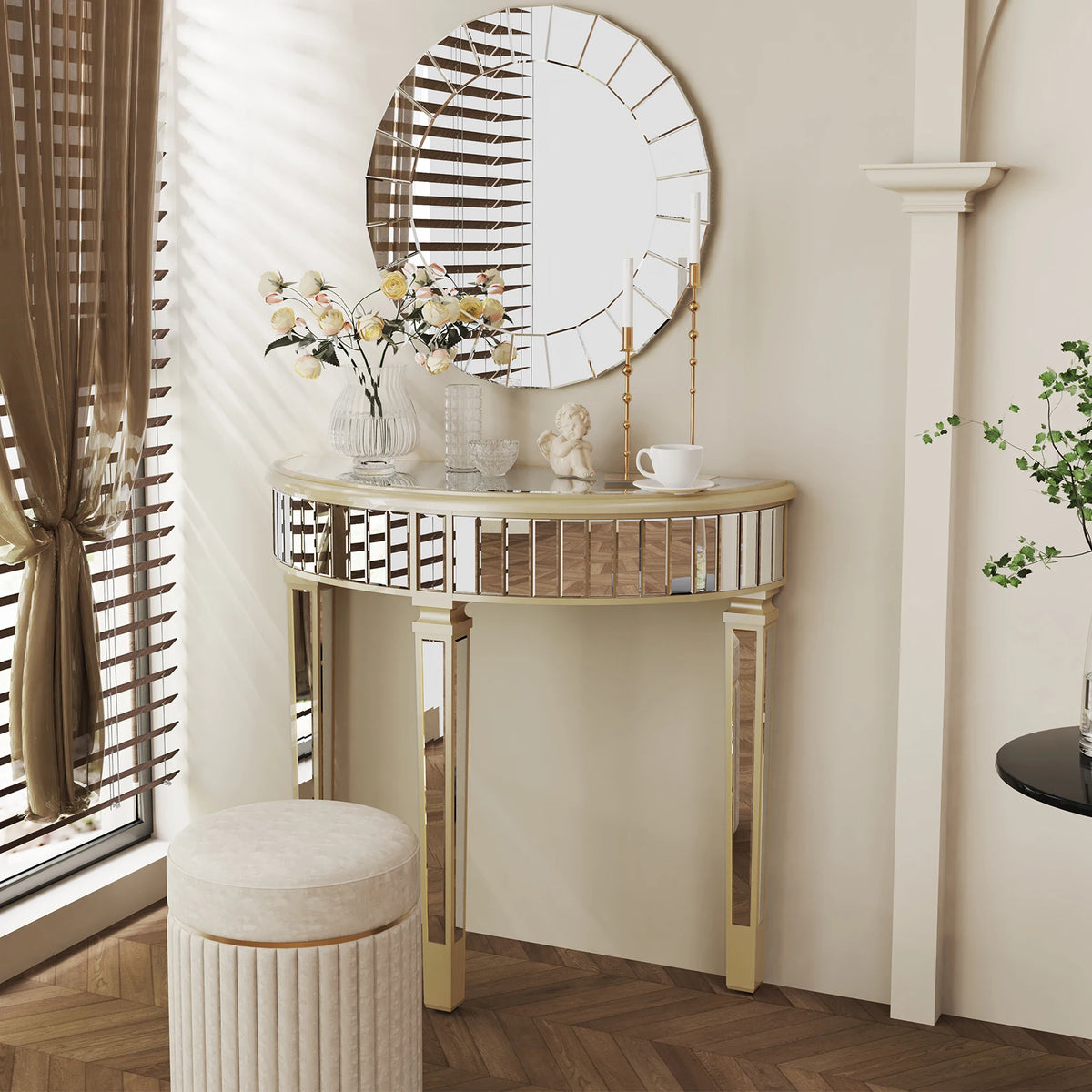 Ornate Mirrored Half Moon Console Table For Entryway Living Room