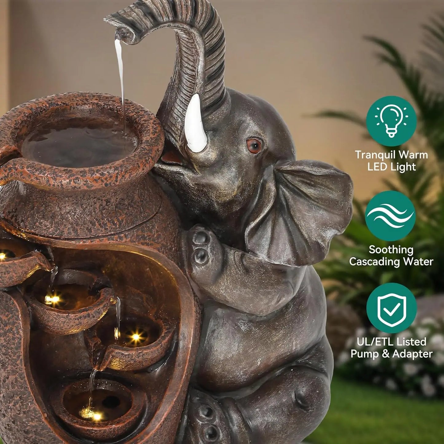 Resin Elephant Outdoor Water Fountain With LED Lights And Pump
