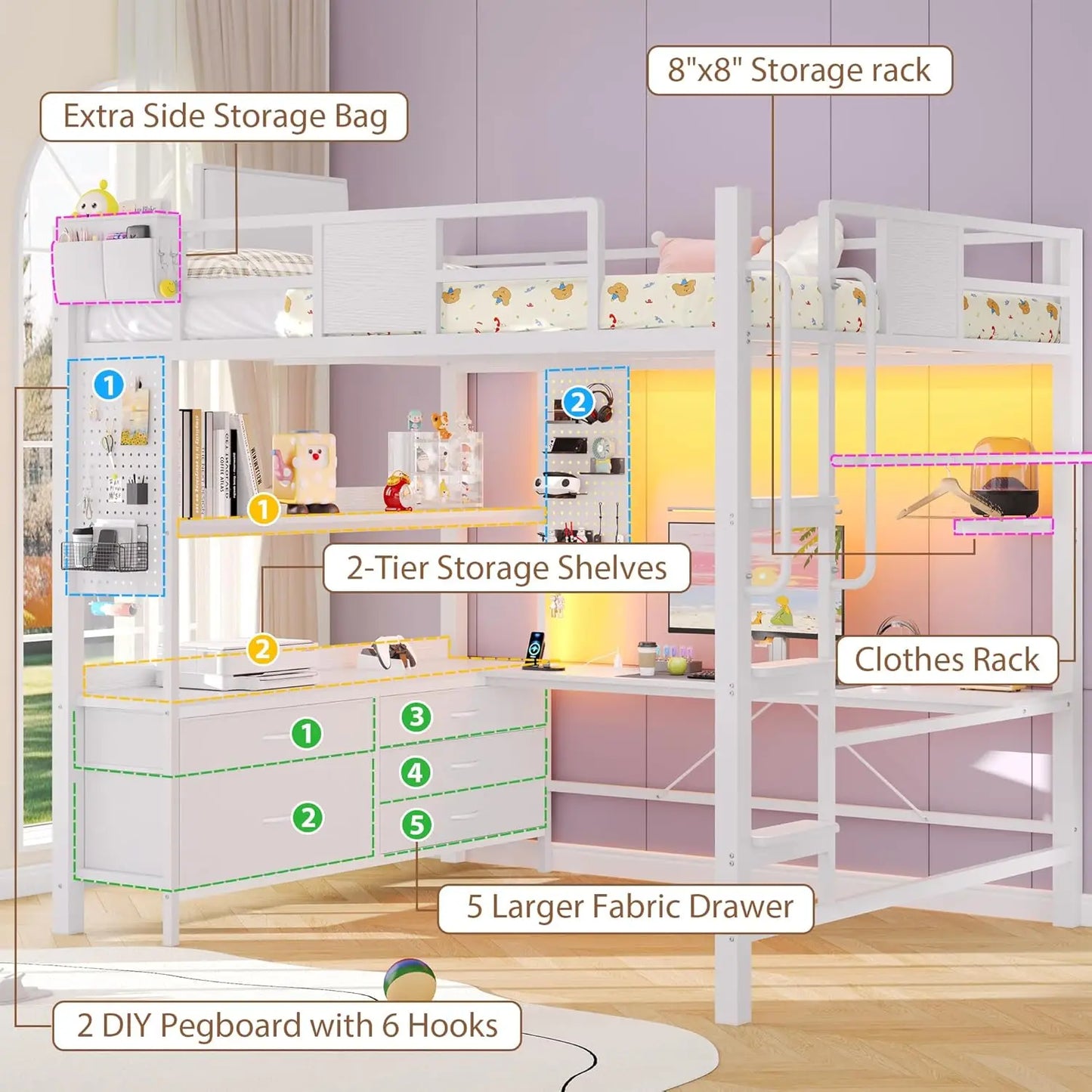 Dnxao Heavy Loft Bed With Desk And 5 Storage Drawers