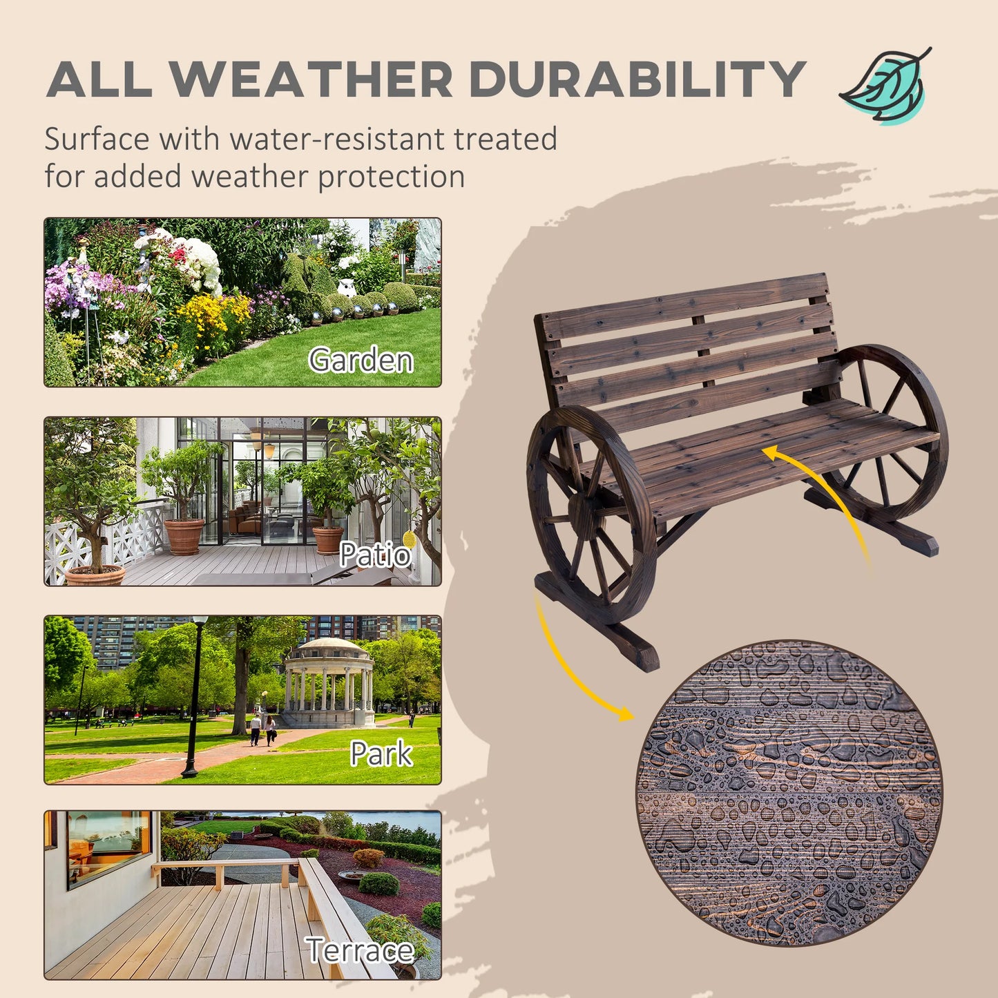 Outsunny Wagon Wheel Bench Wood Outdoor Garden Chair Loveseat