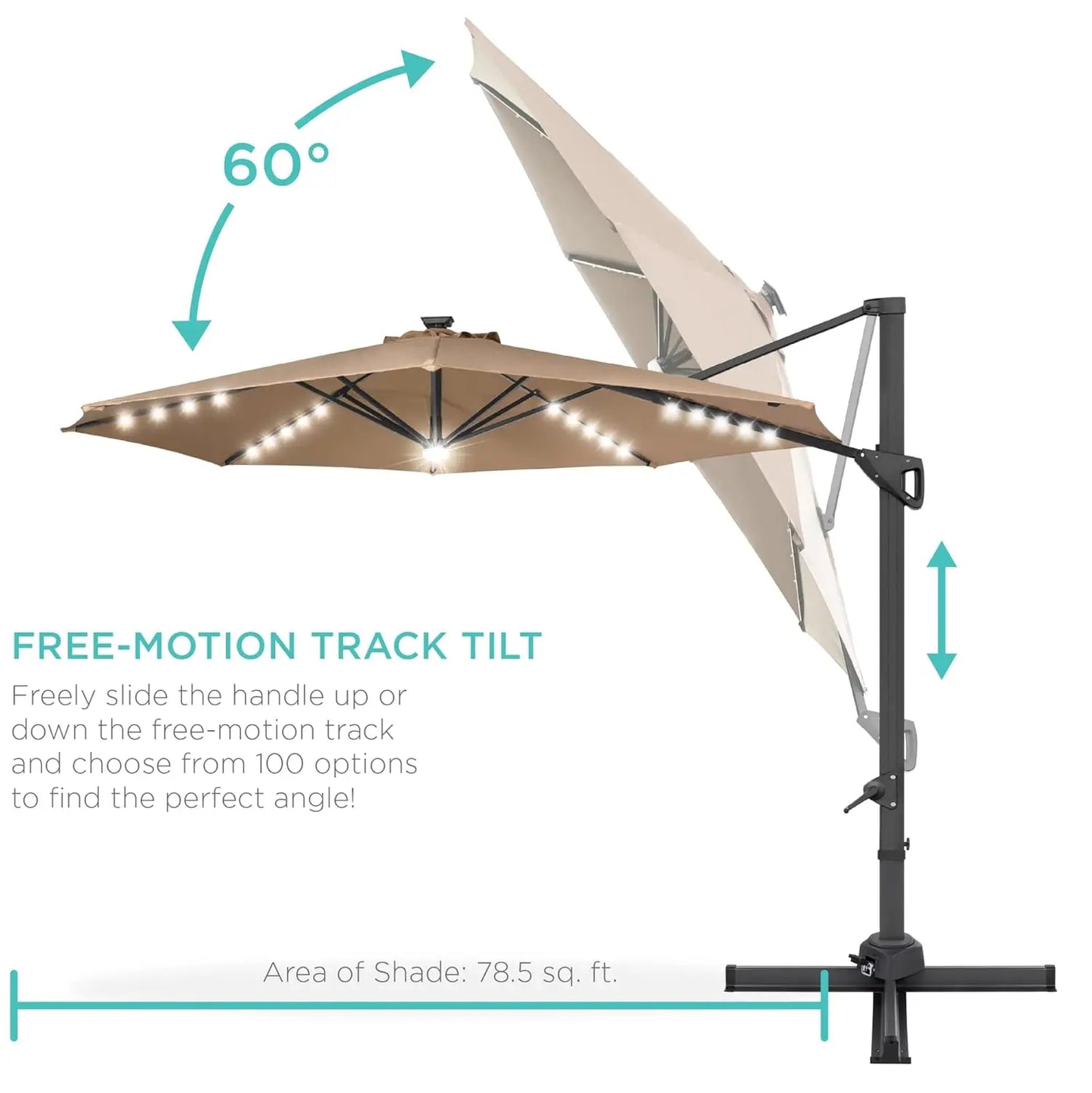 Cantilever Solar LED Patio Umbrella 360-Degree Rotation