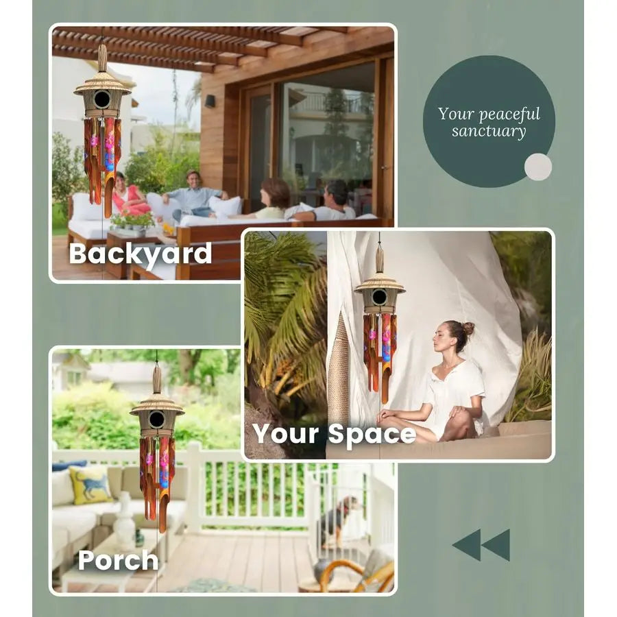 Bamboo Wind Chimes With Birdhouse Outdoor Decor Handcrafted Calming Tones