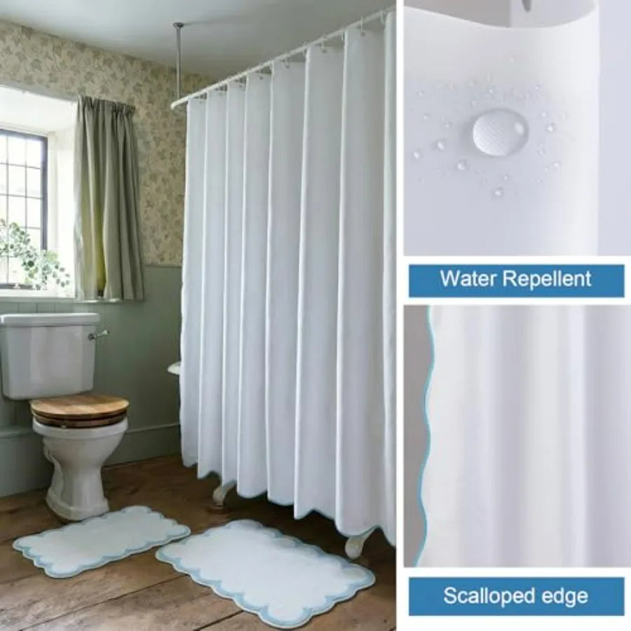 White Blue Scalloped Bathroom Waterproof Shower Curtain Set With Mat