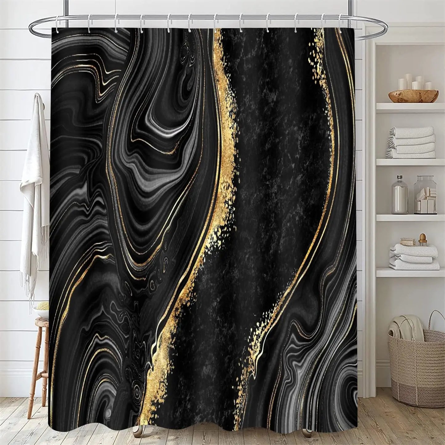 Marble Shower Curtain Set With Gold Accents And Toilet Cover