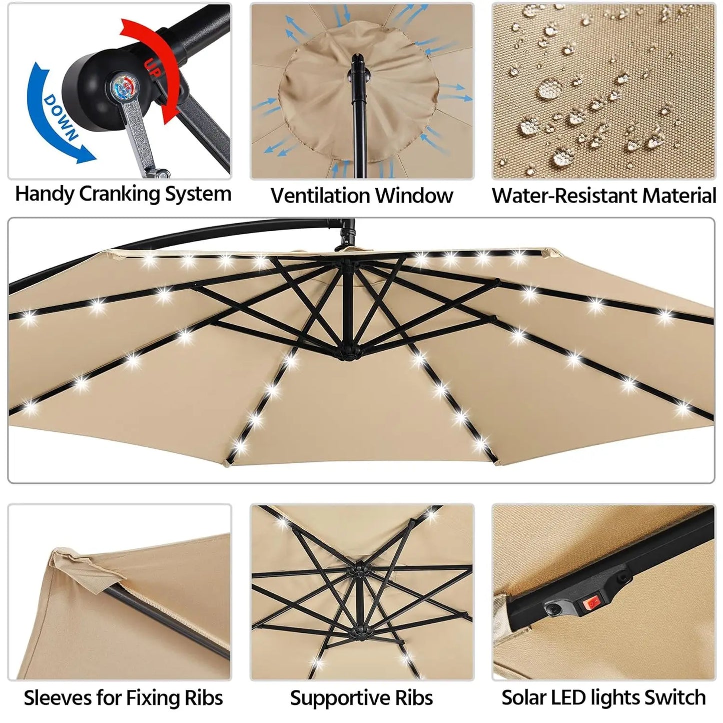 Solar Offset Cantilever Umbrella With 32 LED Lights Outdoor Patio