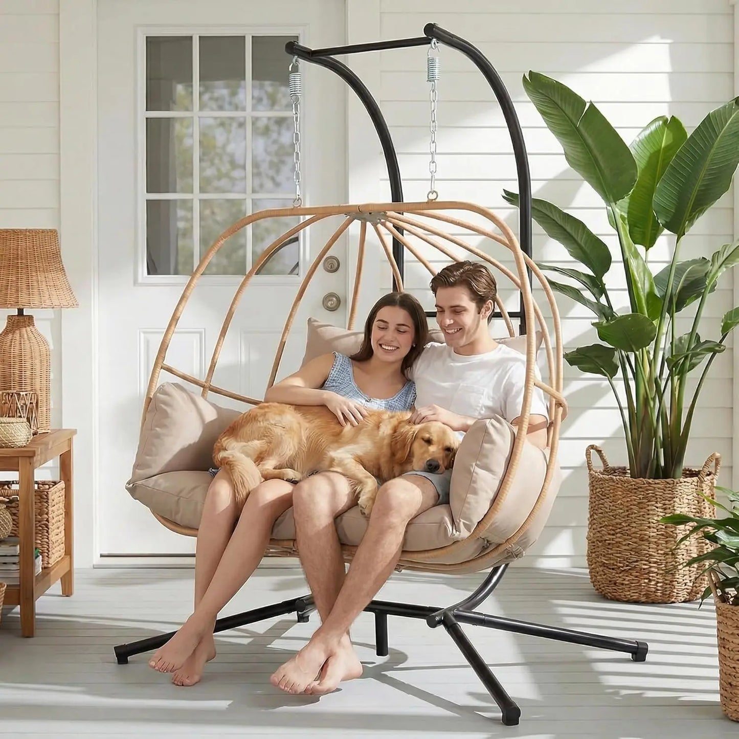Double Egg Hanging Swing Chair With Stand And Cushions