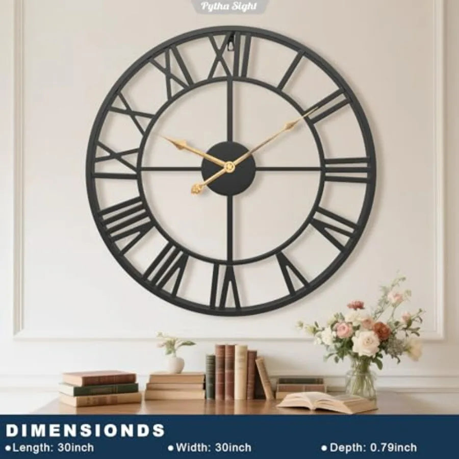 Round Silent Vintage Industrial Farmhouse Wall Clock Roman Numerals