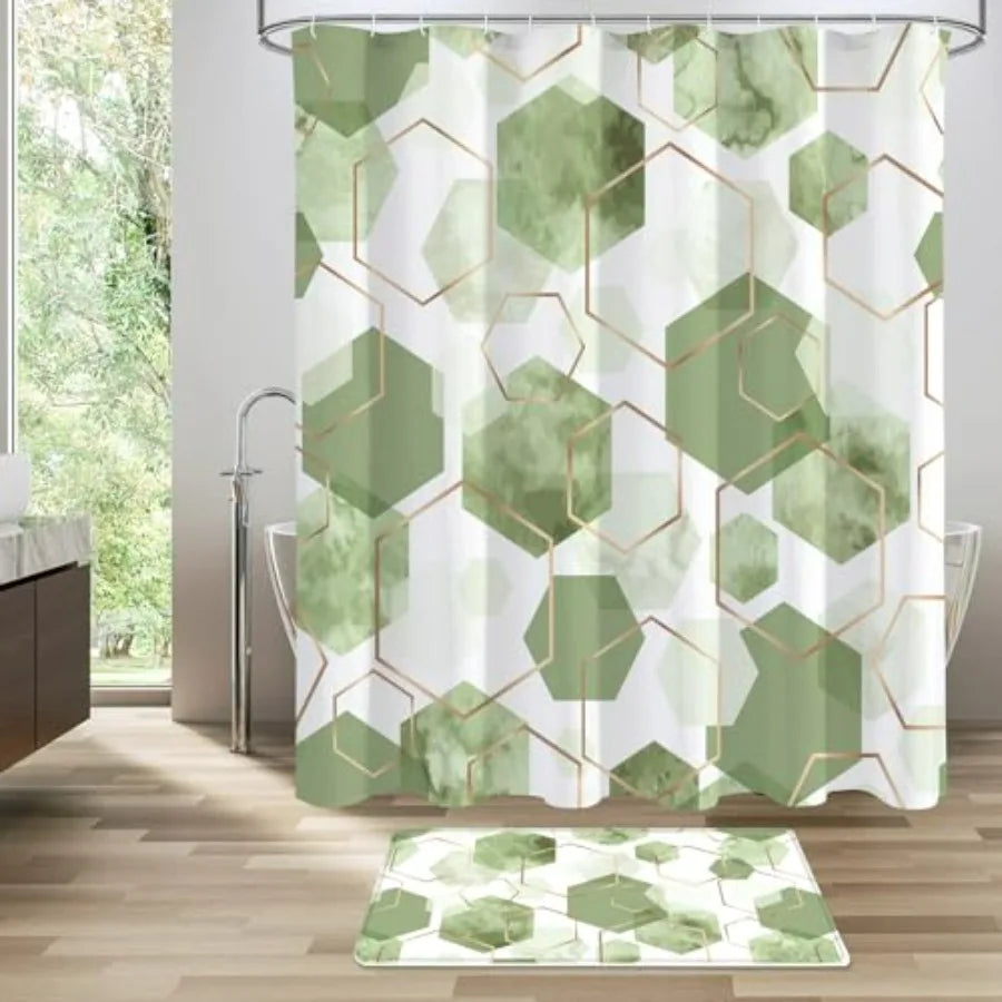Geometric Shower Curtain Set With Non Slip Rugs Bath Mat
