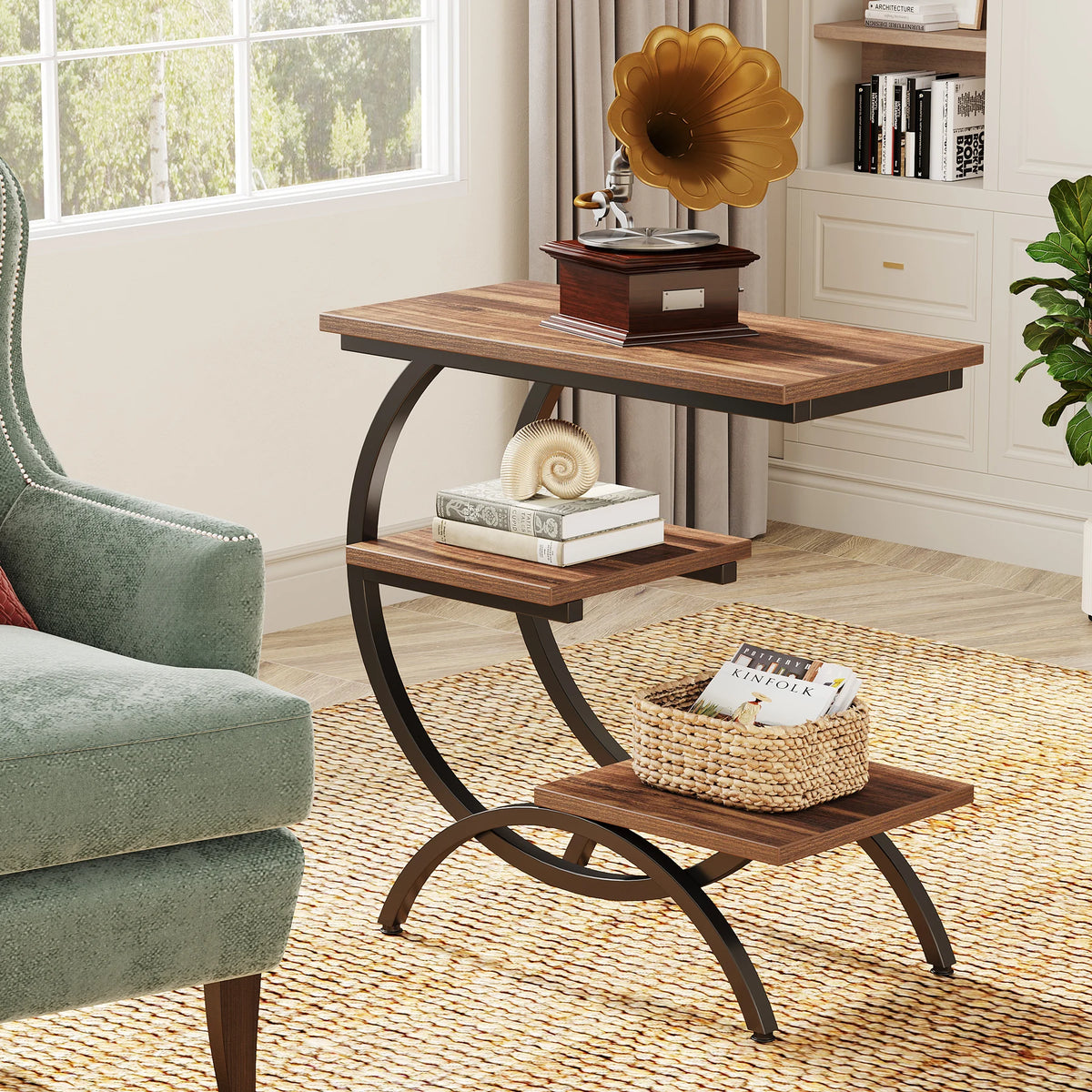 Tribesigns C Shaped Industrial End Table With Storage Shelves