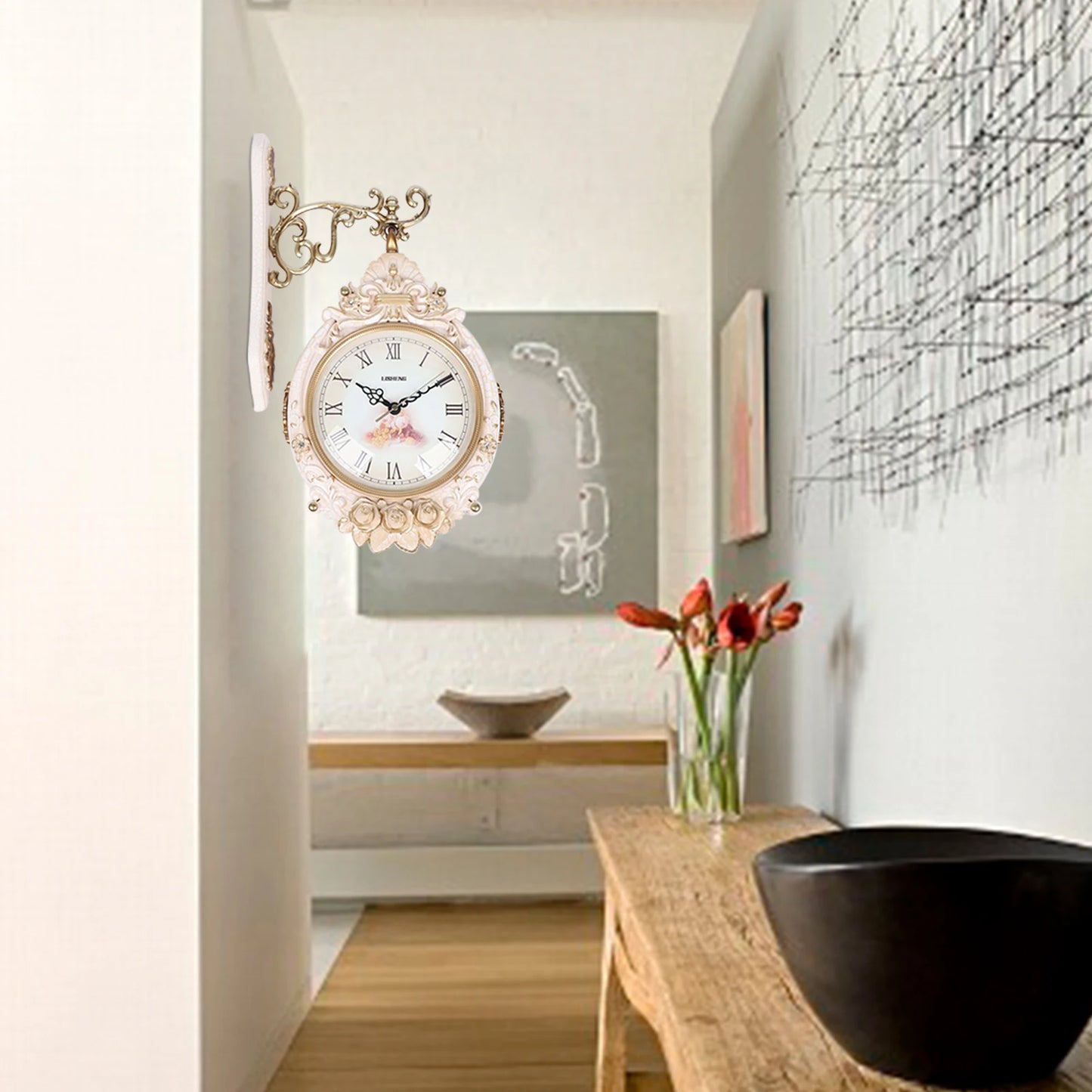 Double Sided Modern Wall Clock Quartz Glass And Metal Decor