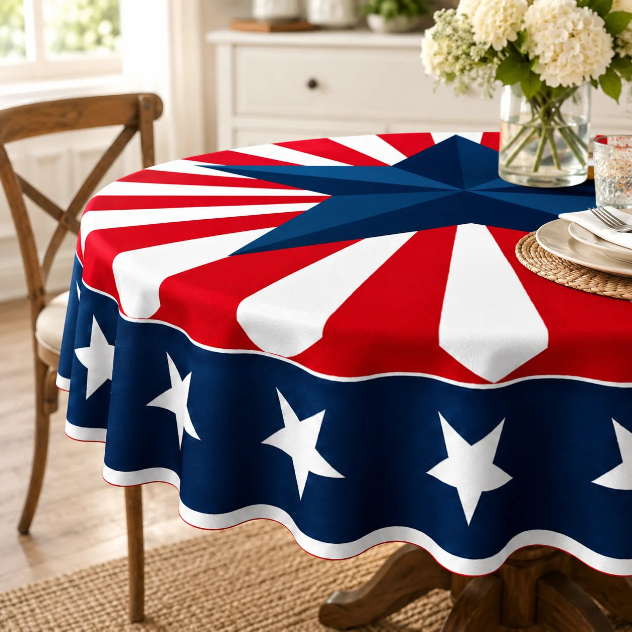 Patriotic Round Tablecloth With Star Stripes Print