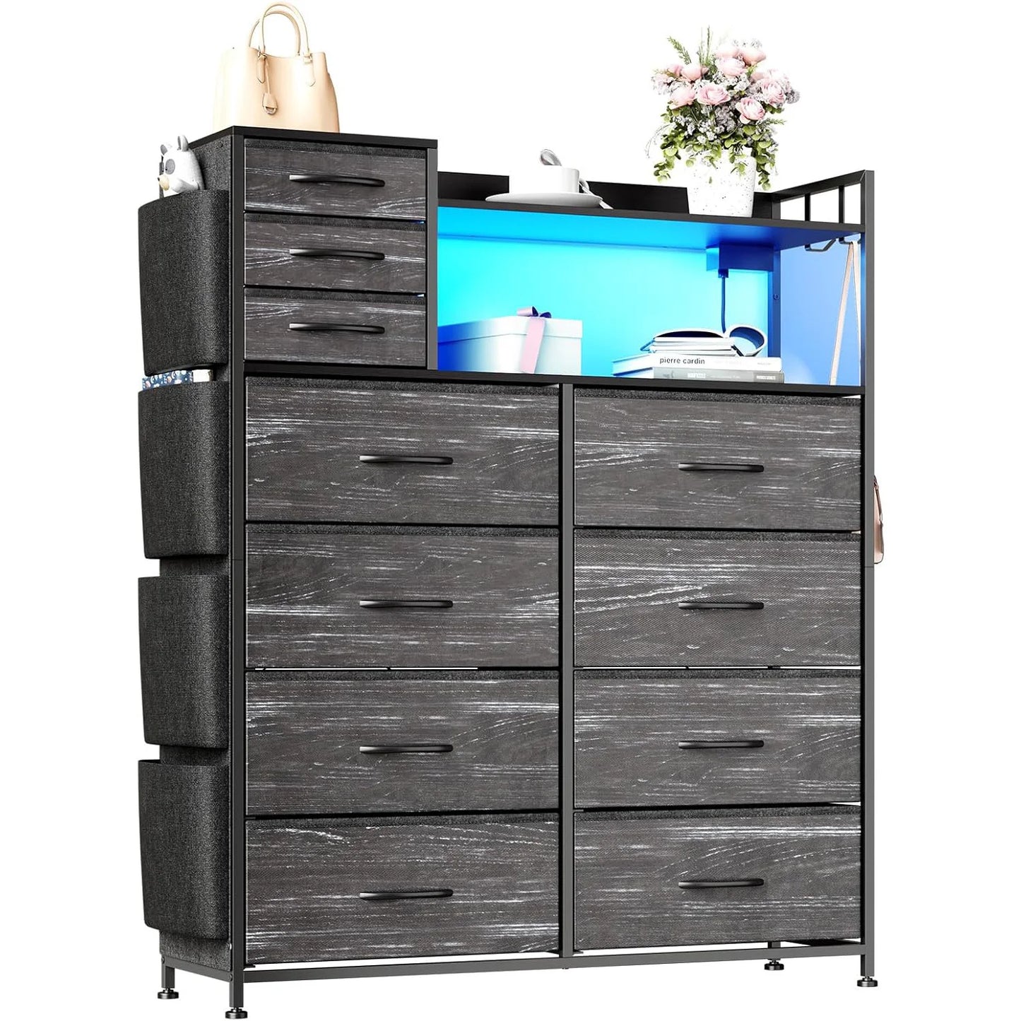 Storage Dresser With Fabric Drawers, Charging Station, LED Lights