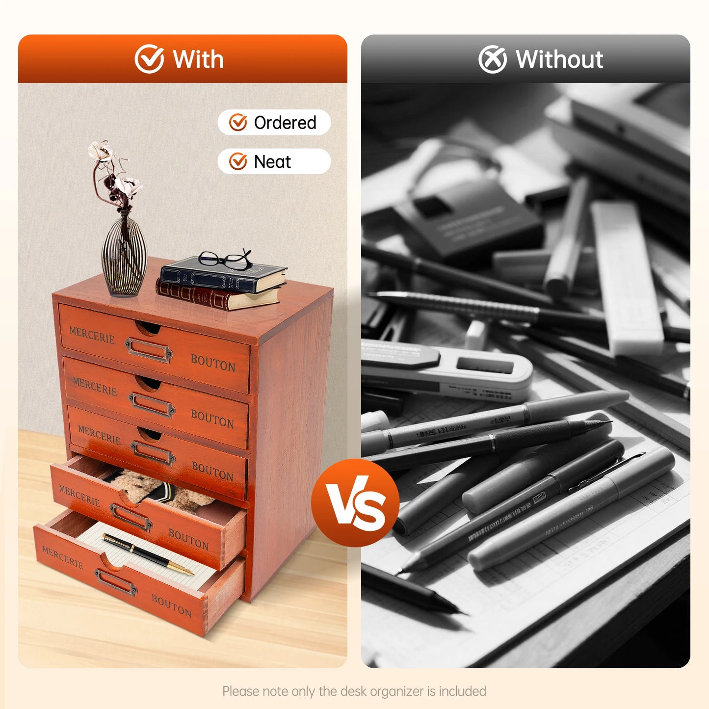 Wooden Desk Organizer With Five Drawers For Office And Study