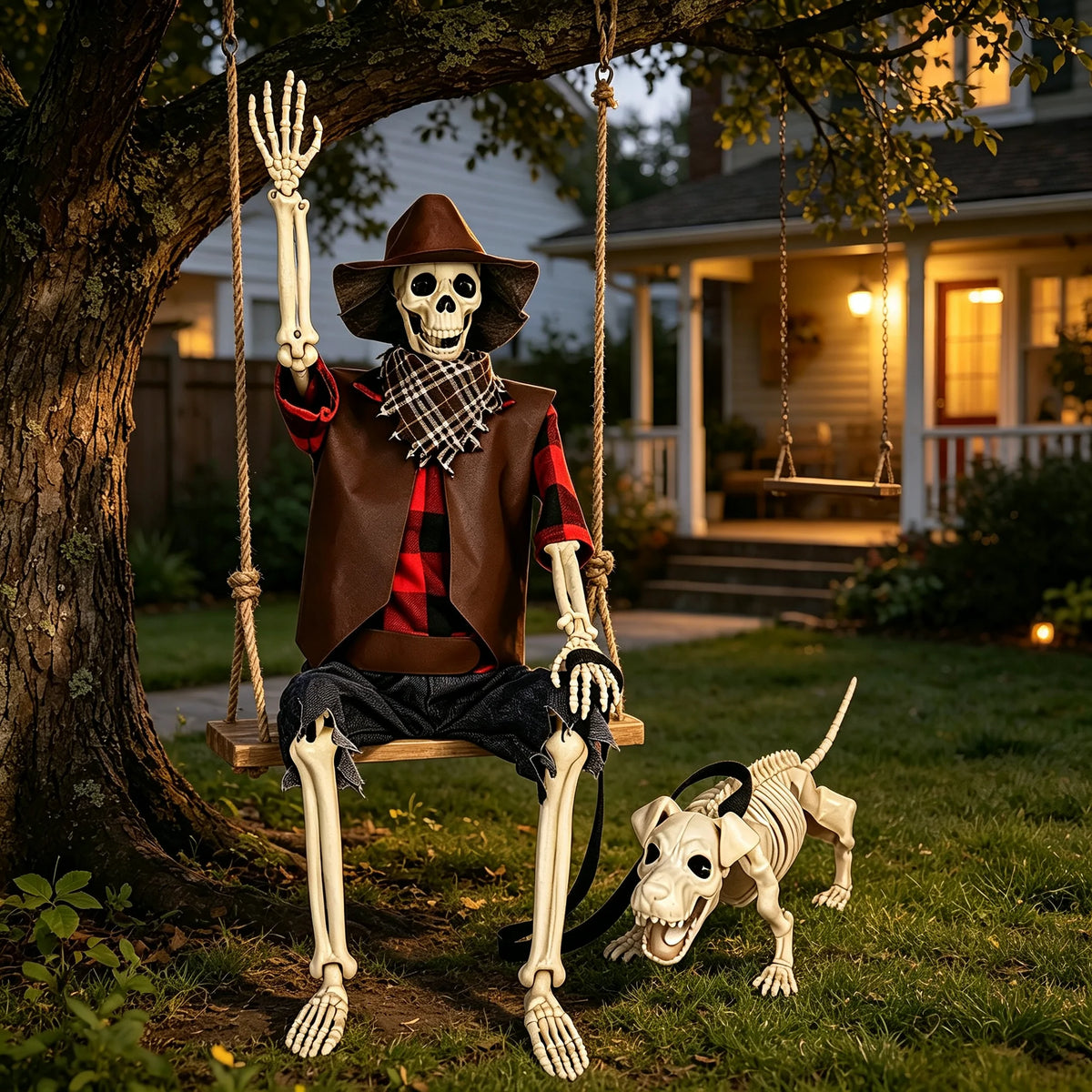 Posable Halloween Skeleton And Dog Outdoor Cowboy Decorations