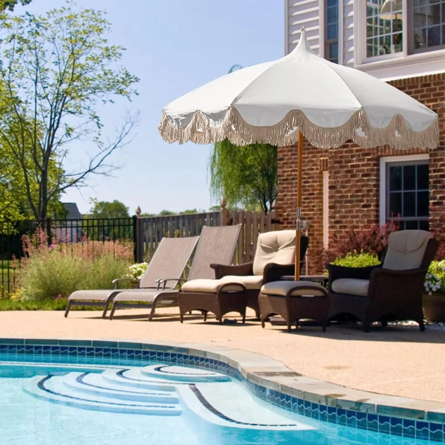 Pagoda Beach Umbrella With Fringe UPF 50 Plus Protection