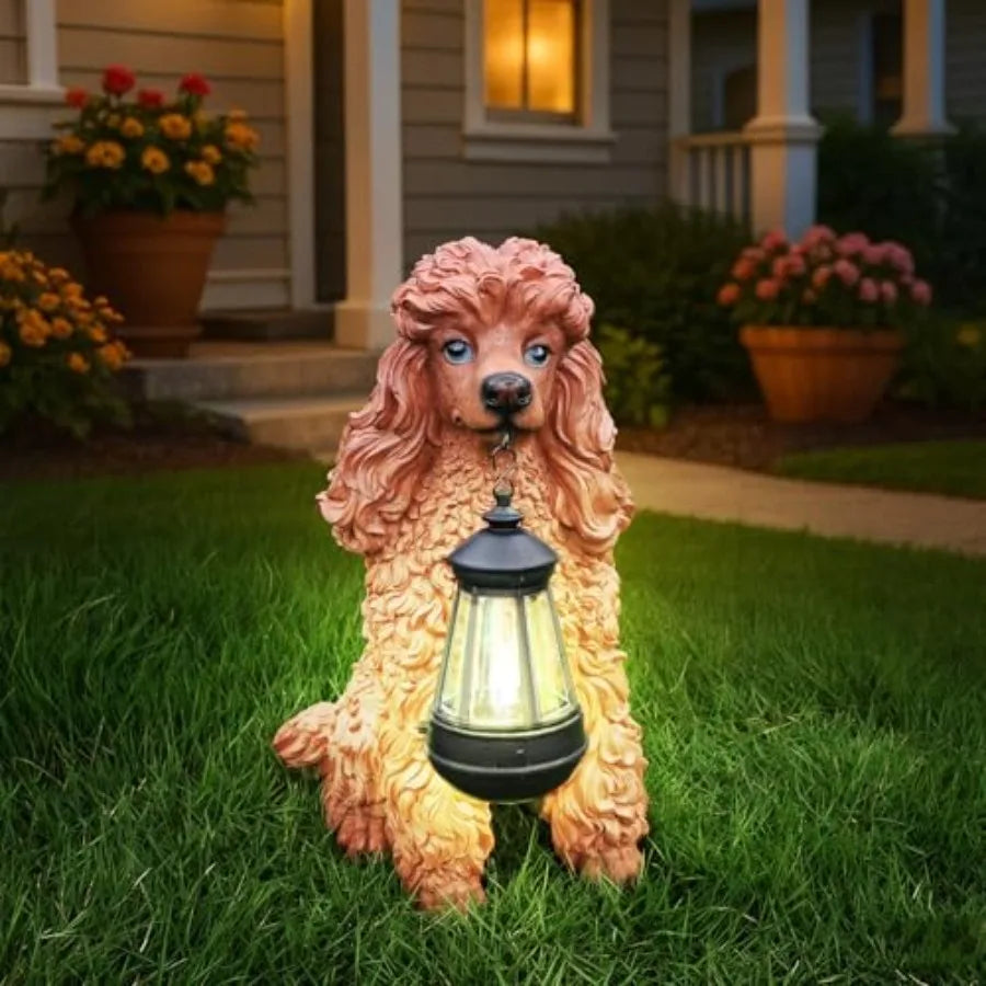 SHXI Outdoor Poodle Dog Statue Welcoming Solar Lantern