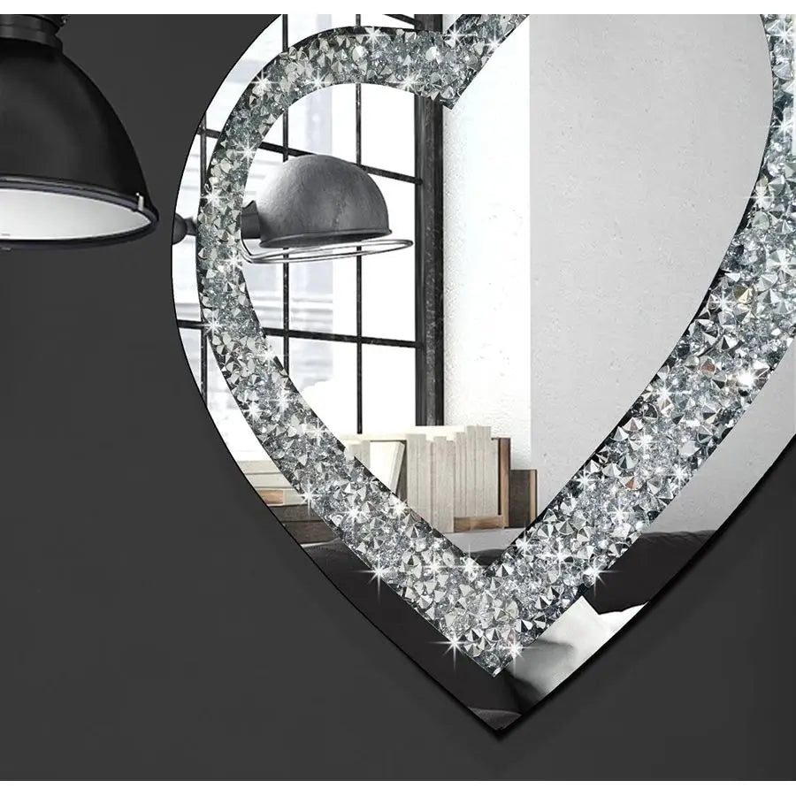 Crystal Crush Diamond Heart Shaped Frameless Silver Wall Mirror