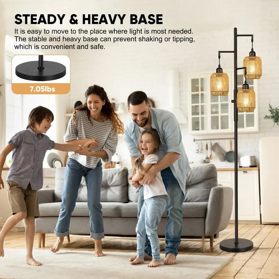 Dimmable Boho Floor Lamp Three Light Farmhouse Rattan