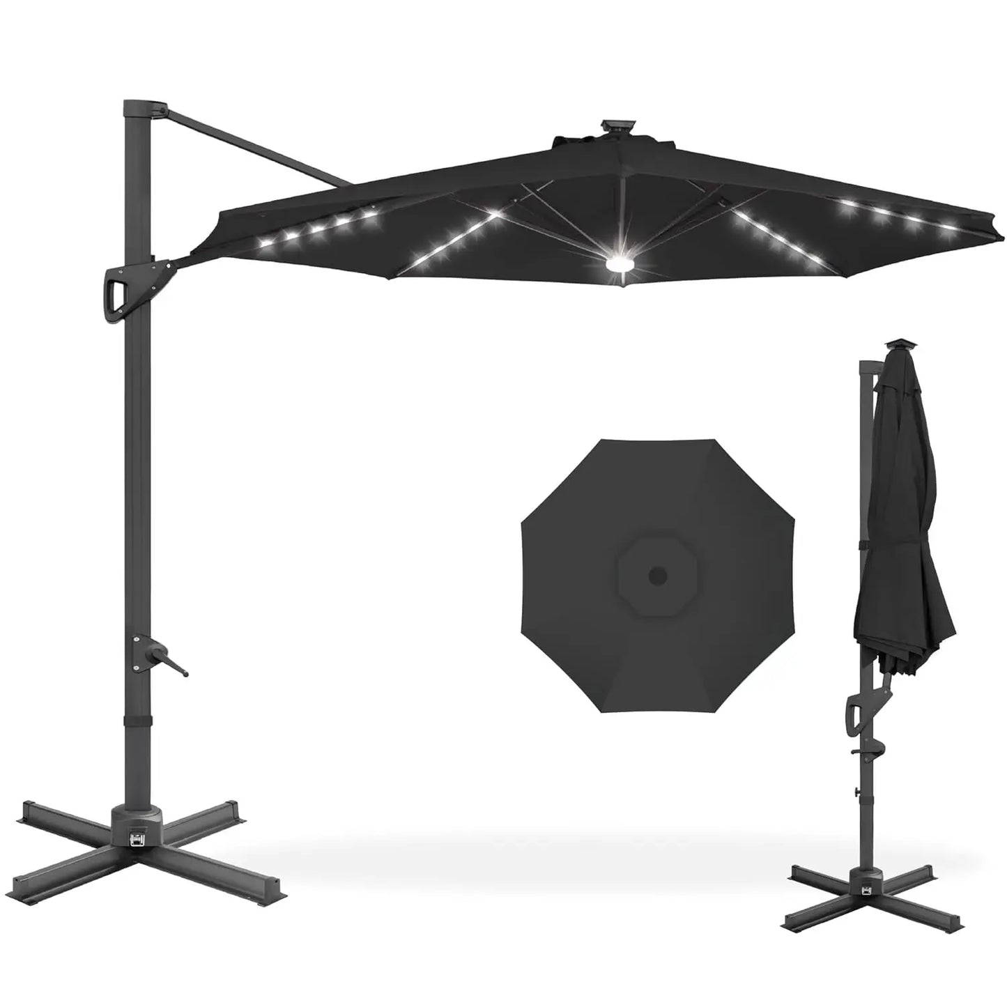 Cantilever Solar LED Patio Umbrella 360-Degree Rotation