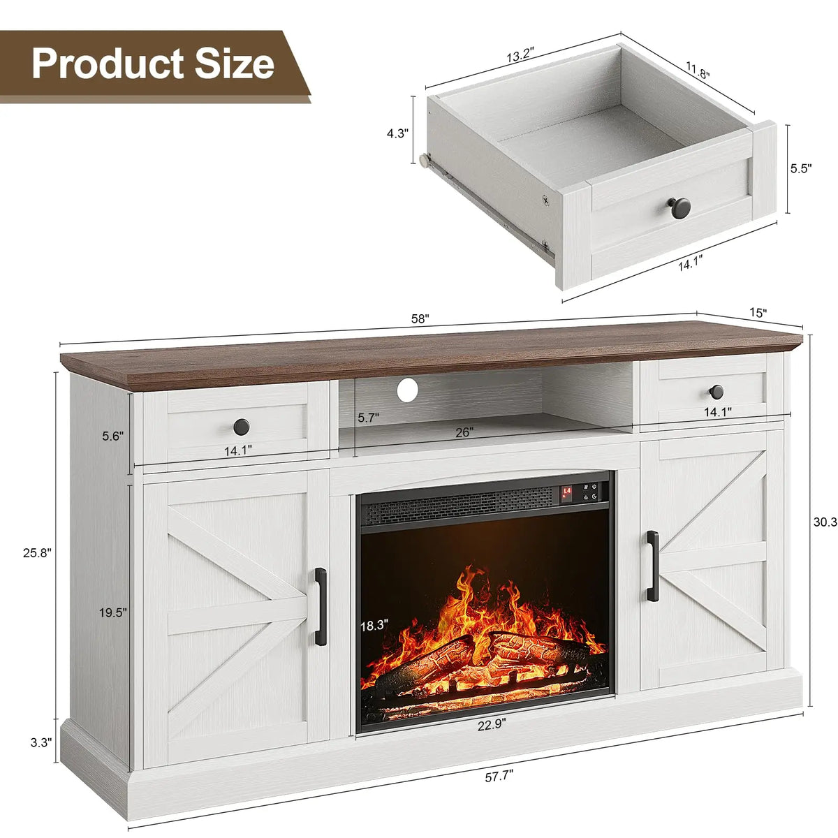 ONBRILL Farmhouse TV Stand With Electric Fireplace And Storage