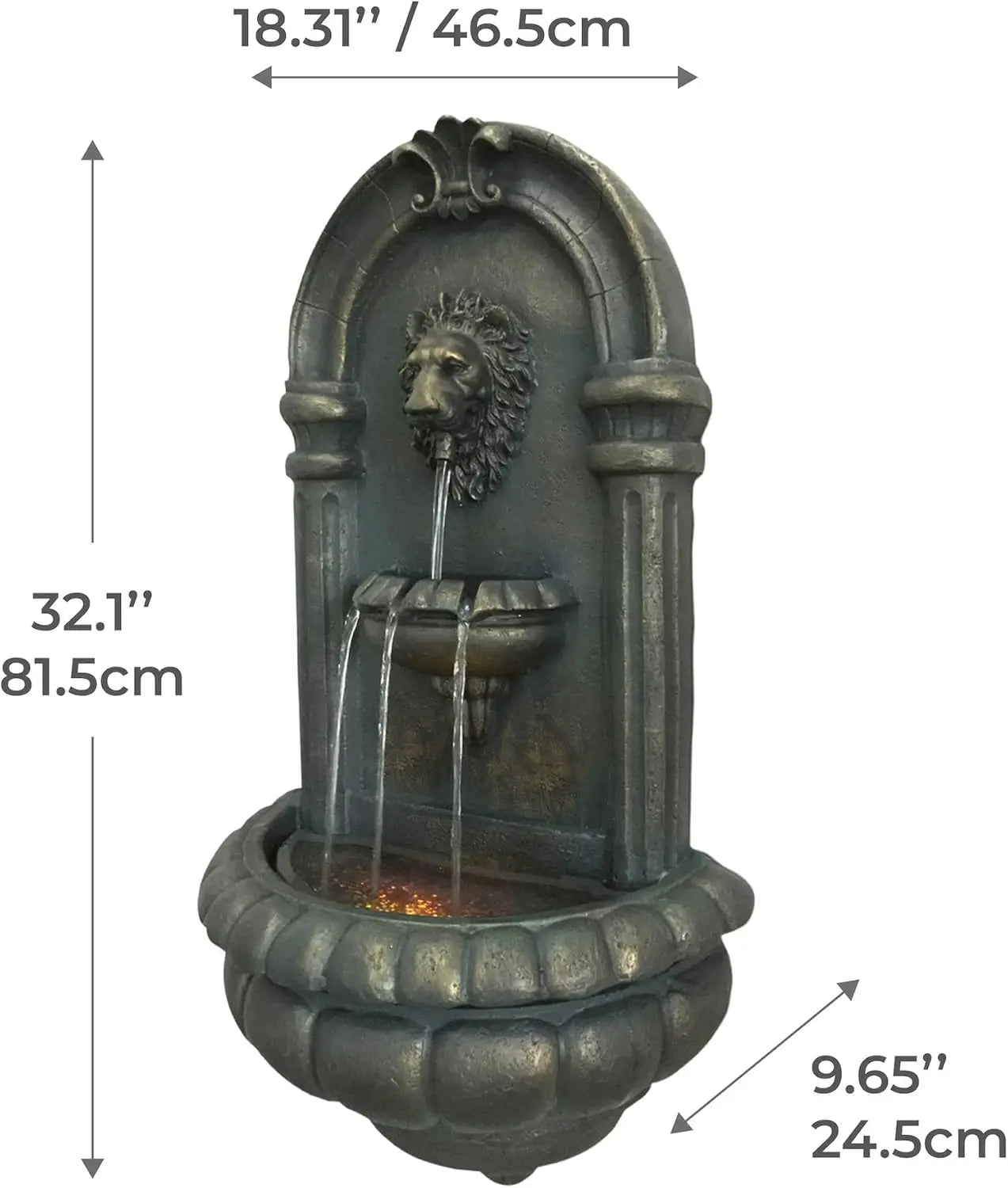 Antique Bronze Wall Mounted Lion Head LED Outdoor Water Fountain