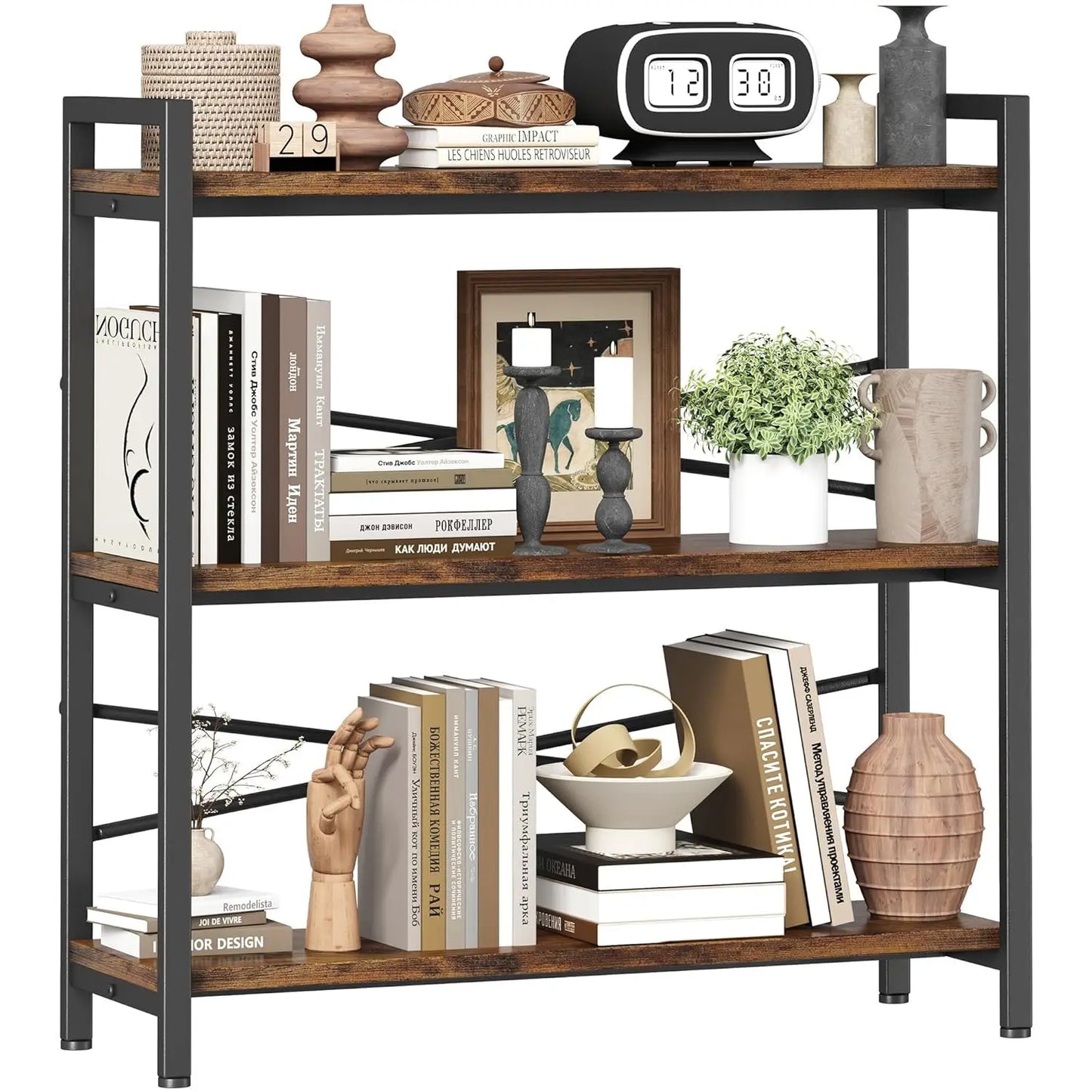 3 Tier Wooden Metal Industrial Bookcase For Living Room Office