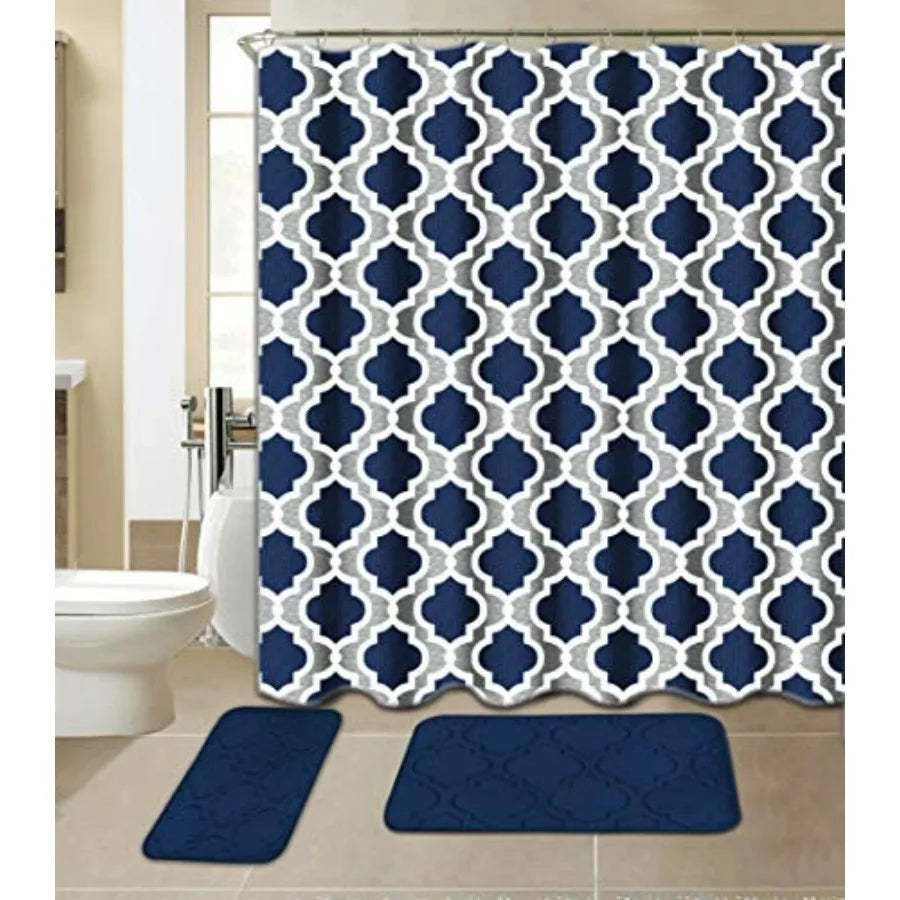Geometric Navy Bathroom Set With Memory Foam Mats And Curtain