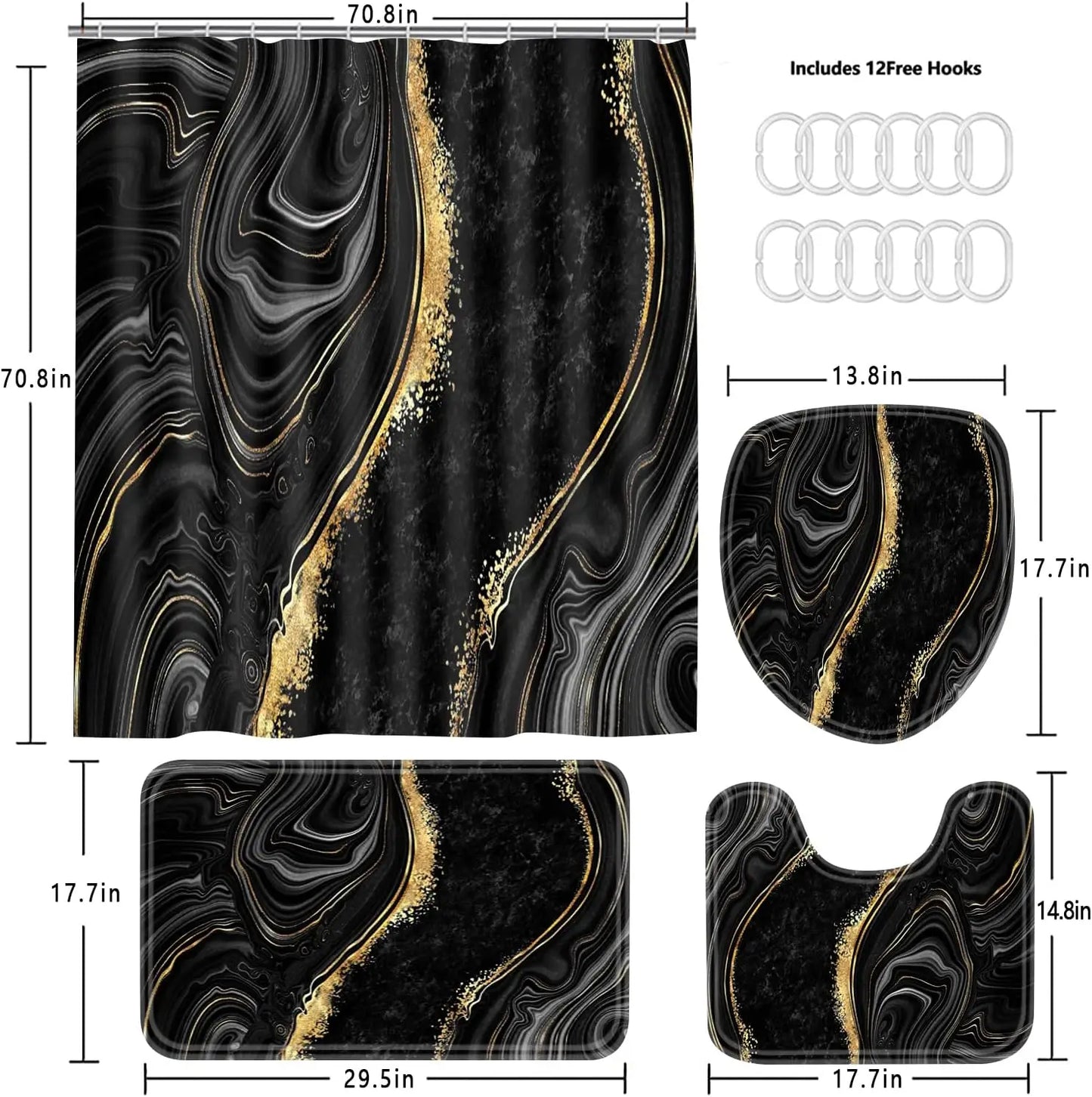 Marble Shower Curtain Set With Gold Accents And Toilet Cover