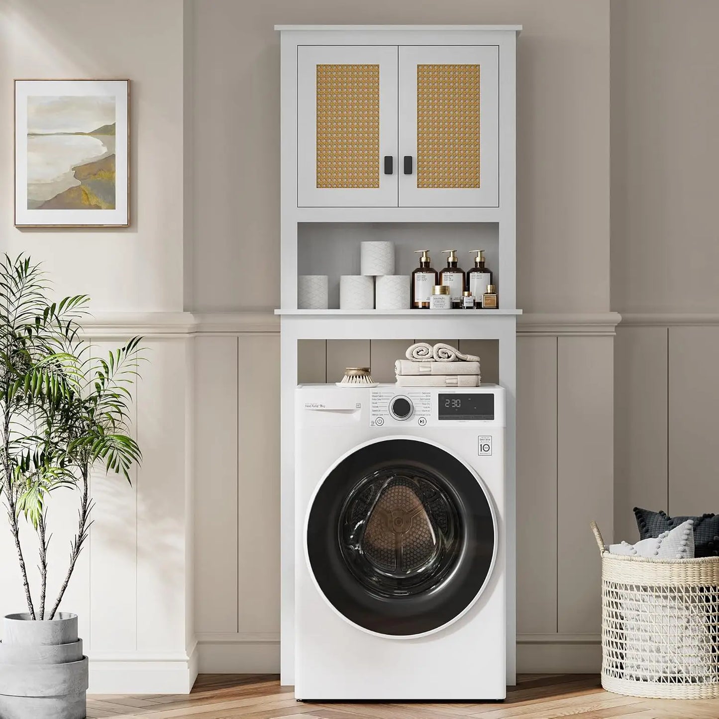 Over Toilet Storage Cabinet Natural Rattan Doors Adjustable Shelf