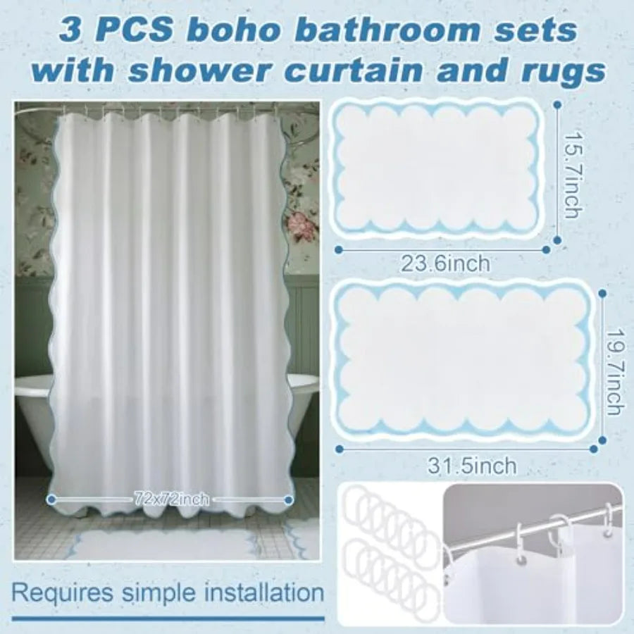 White Blue Scalloped Bathroom Waterproof Shower Curtain Set With Mat