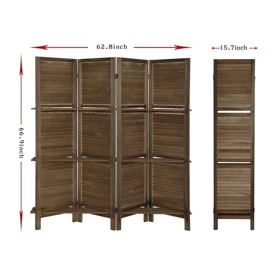 Wooden Folding Room Divider Screen With Display Shelves