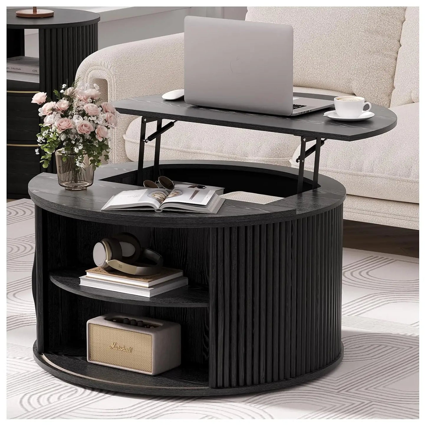 Round Coffee Table With Hidden Storage In Walnut Wood Drum