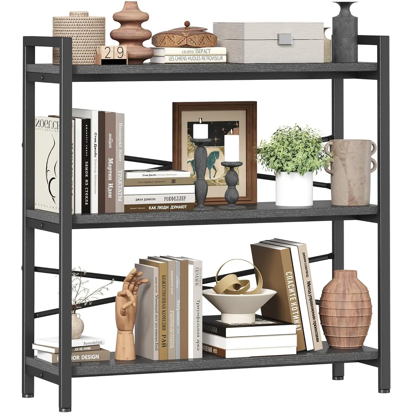 3 Tier Wooden Metal Industrial Bookcase For Living Room Office