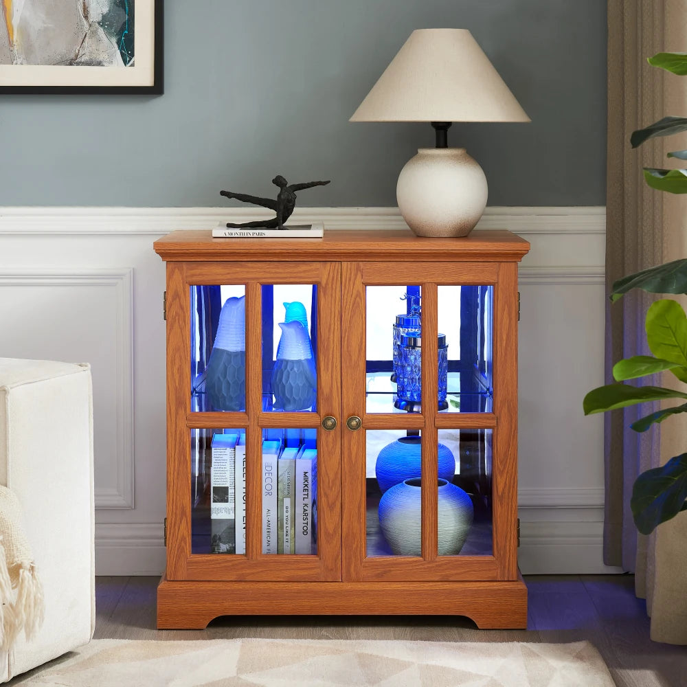 LED Curio Display Cabinet With Adjustable Shelves And Lattice Doors