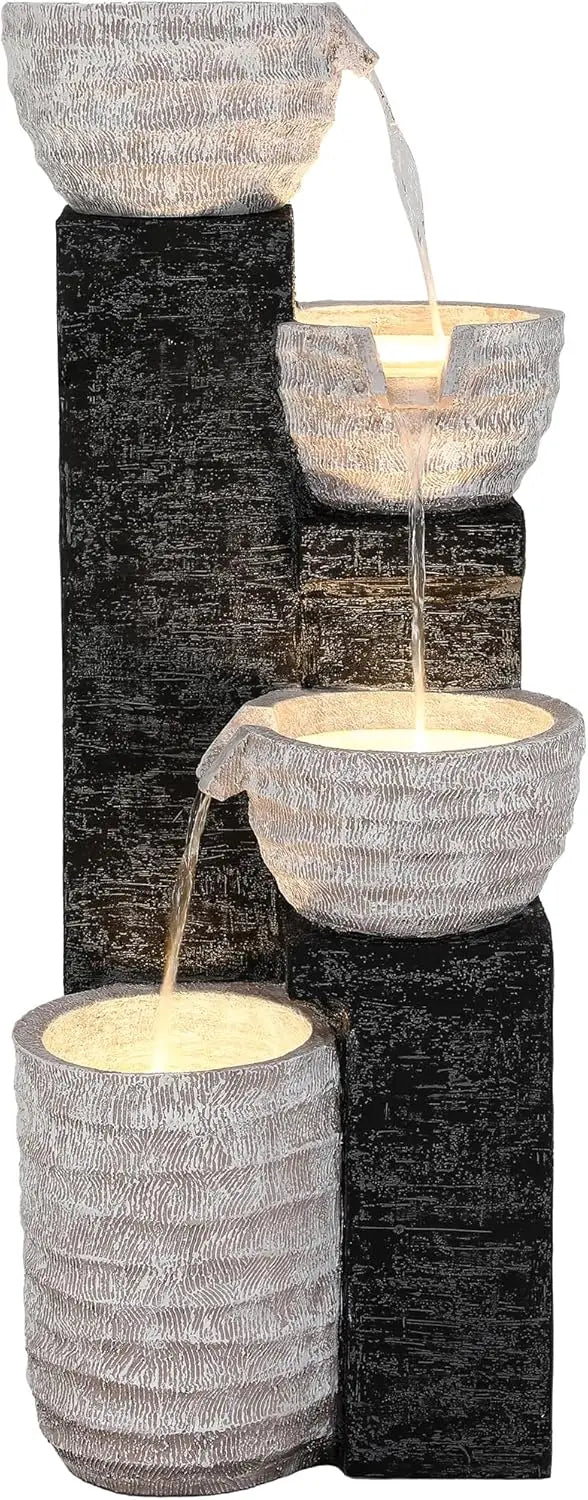 Outdoor Water Fountain With Led Lights Pump Multilayer Cascading Polyresin