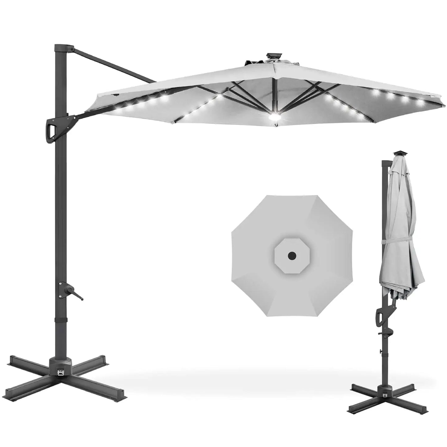 Cantilever Solar LED Patio Umbrella 360-Degree Rotation