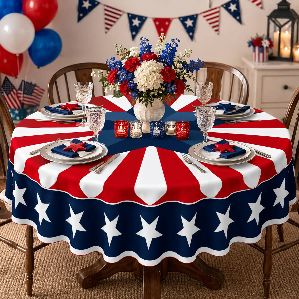 Patriotic Round Tablecloth With Star Stripes Print