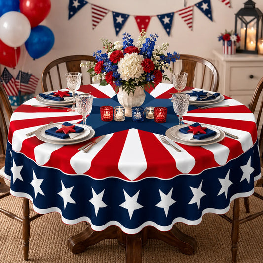Patriotic Round Tablecloth With Star Stripes Print