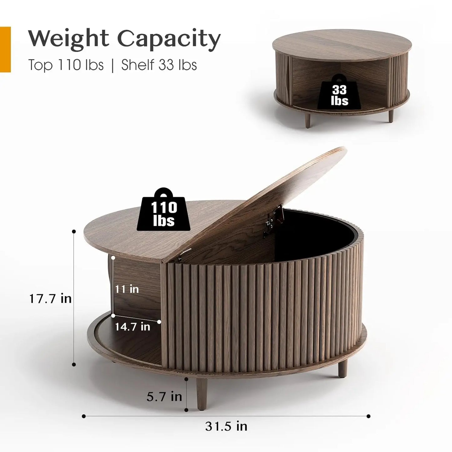 Round Coffee Table With Hidden Storage In Walnut Wood Drum