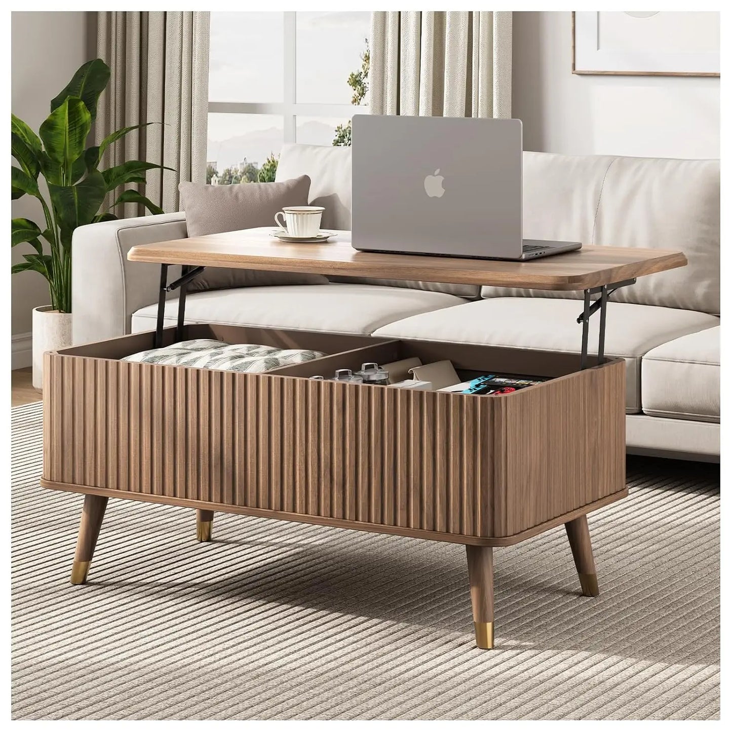 Round Coffee Table With Hidden Storage In Walnut Wood Drum