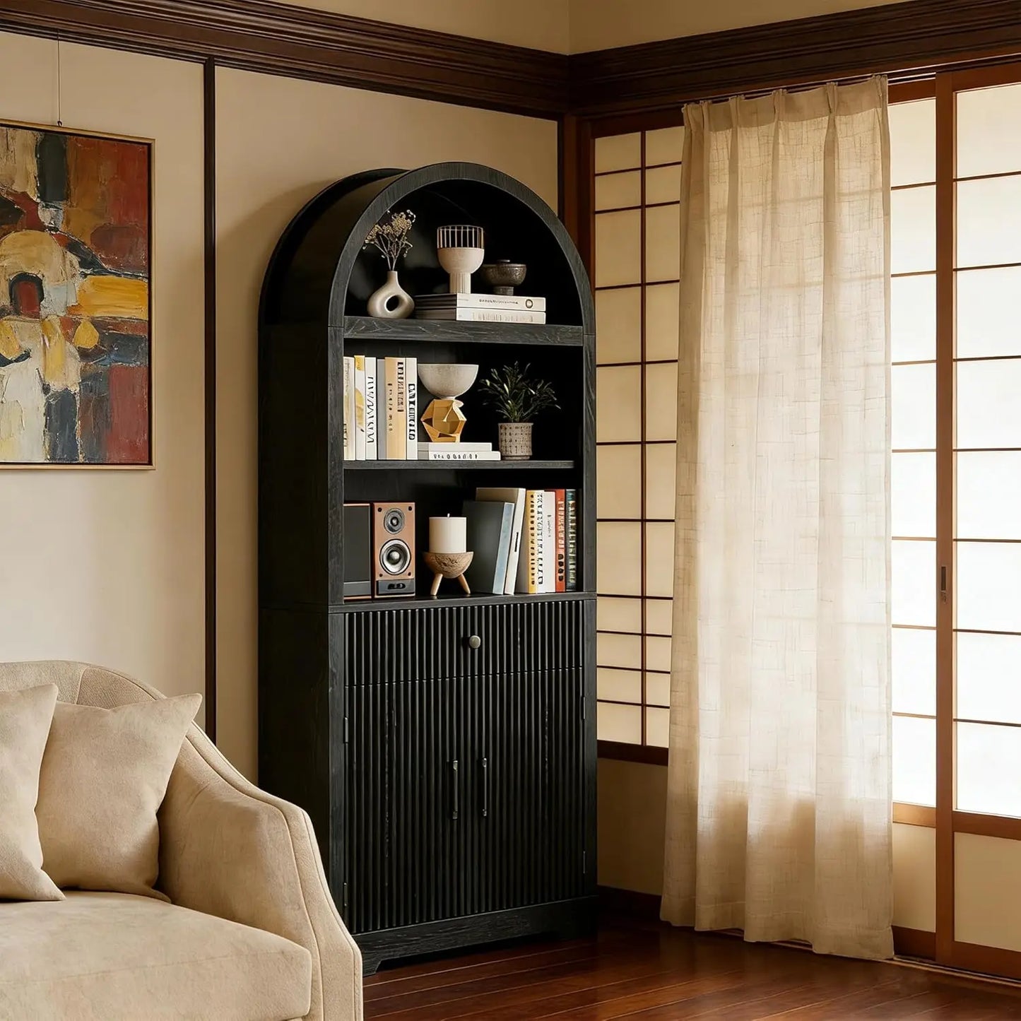 Farmhouse Arched Bookshelf 5-Tier Cabinet With Door