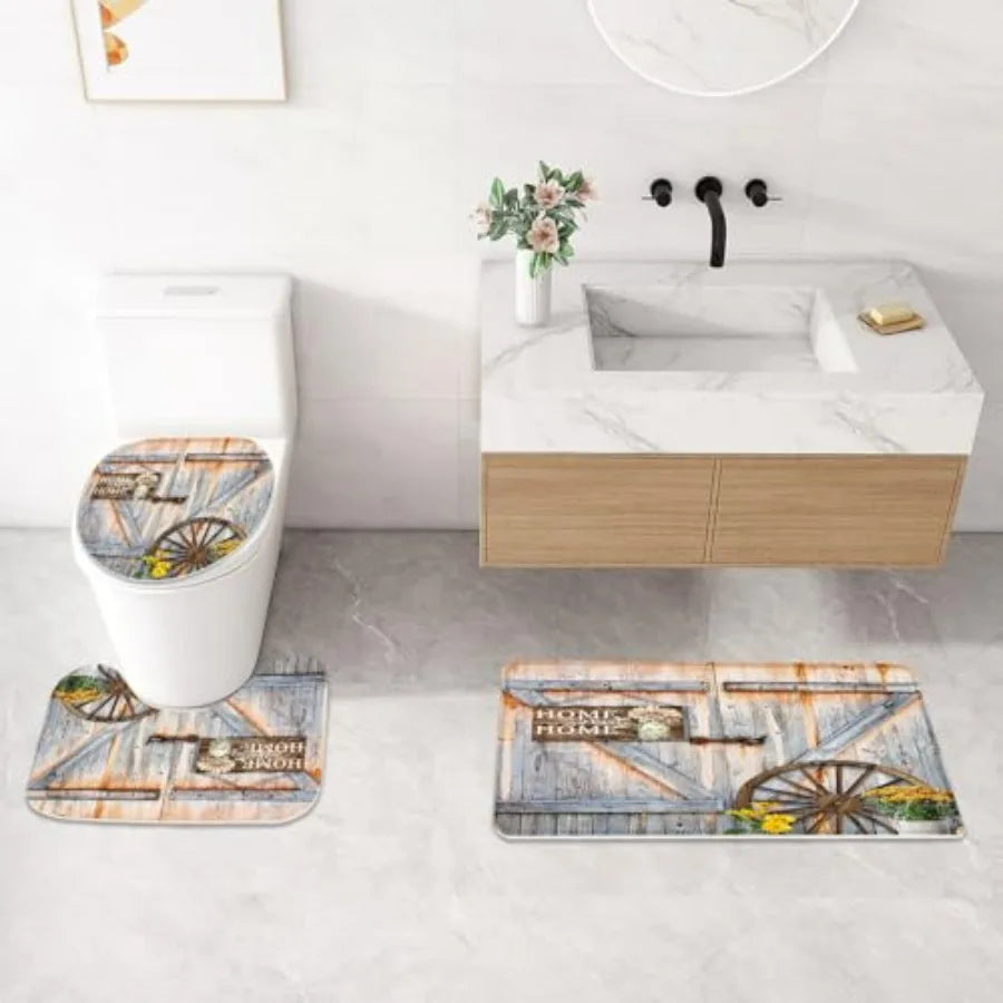 Rustic Farmhouse Shower Curtain Set With Bath Mat And Rugs