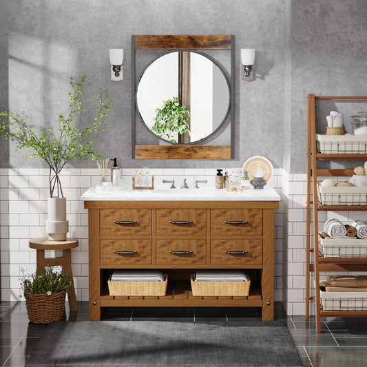 Industrial Metal Wood Frame Wall Mirror for Bathroom