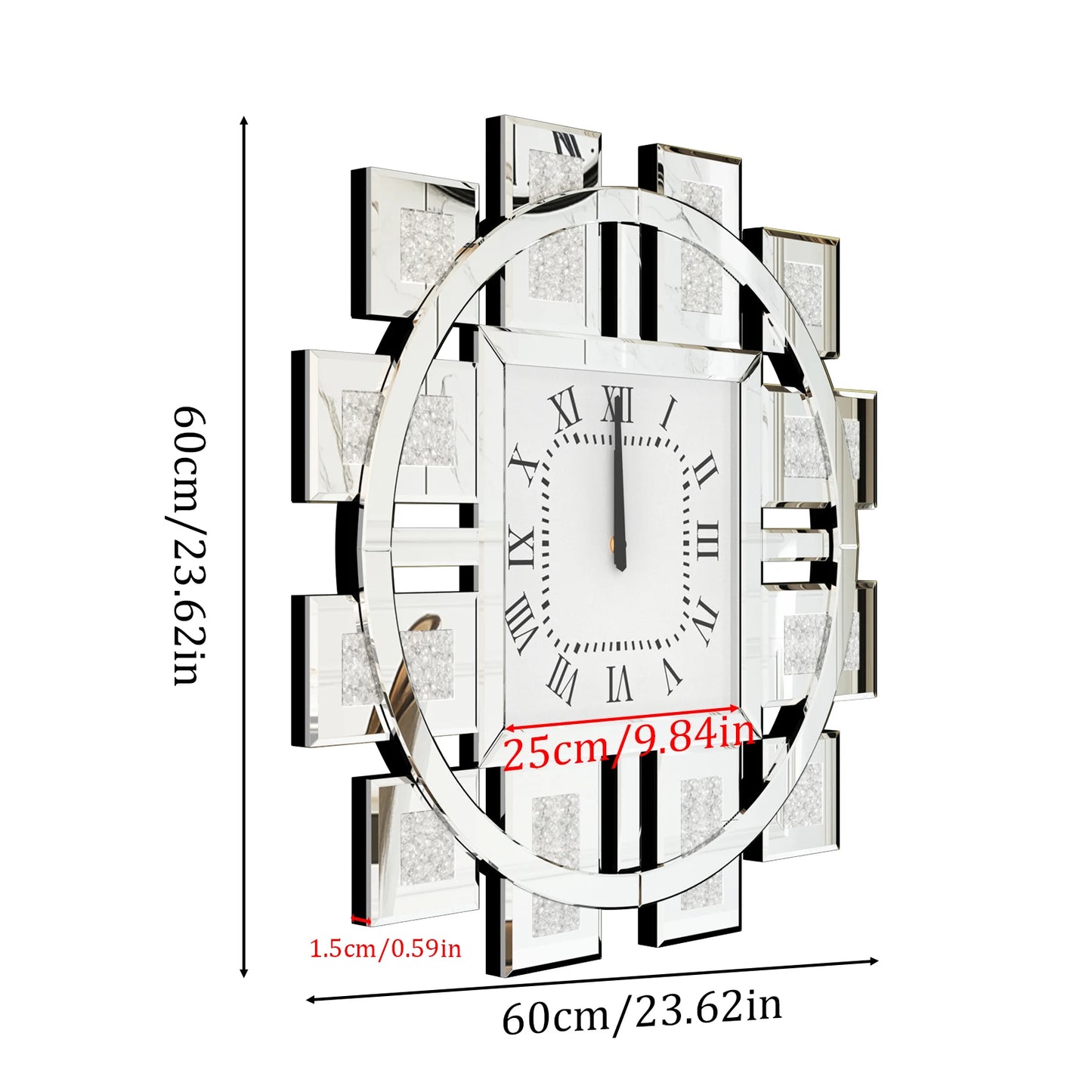 Irregular Diamond Mirrored Wall Clock Quartz Movement Roman Numerals